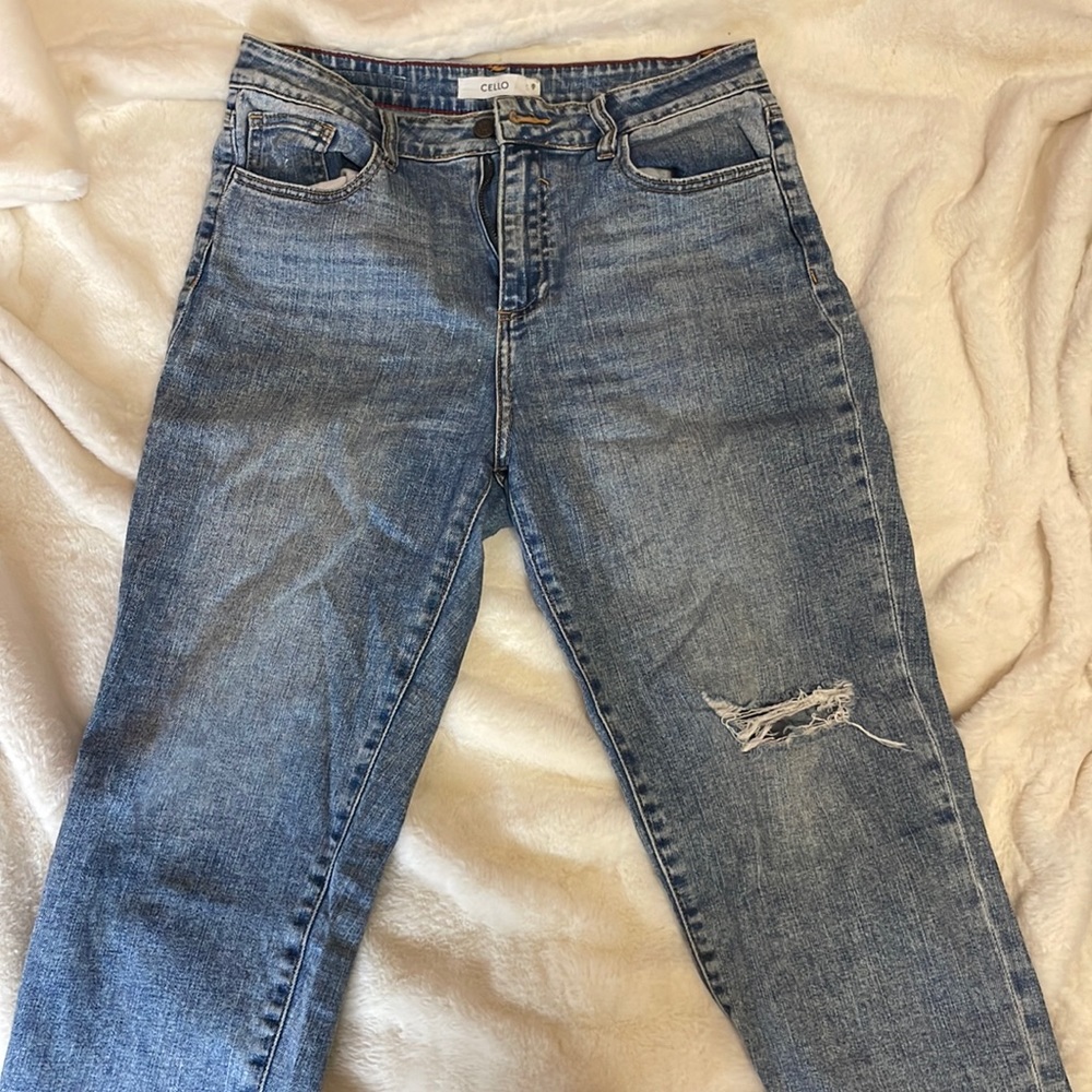 Lightly distressed blue jeans